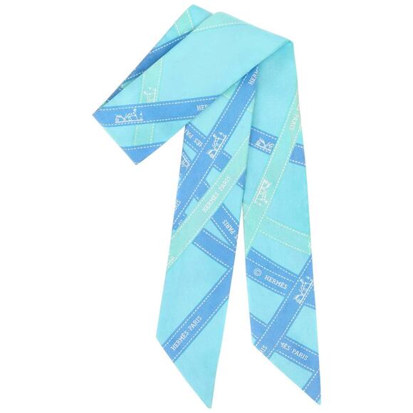 Hermes Twilly Turquoise Bolduc Ribbon Print Silk Skinny Scarf Neck Tie - OS - Picture 2 of 5